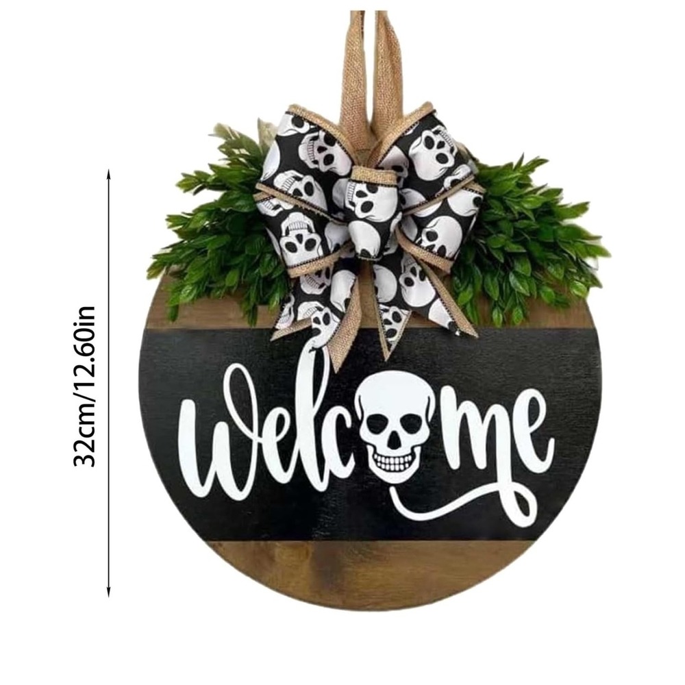 Halloween Welcome‎ Wood Sign Round Skull Wreath Door Hanger Seasonal Decor NEW